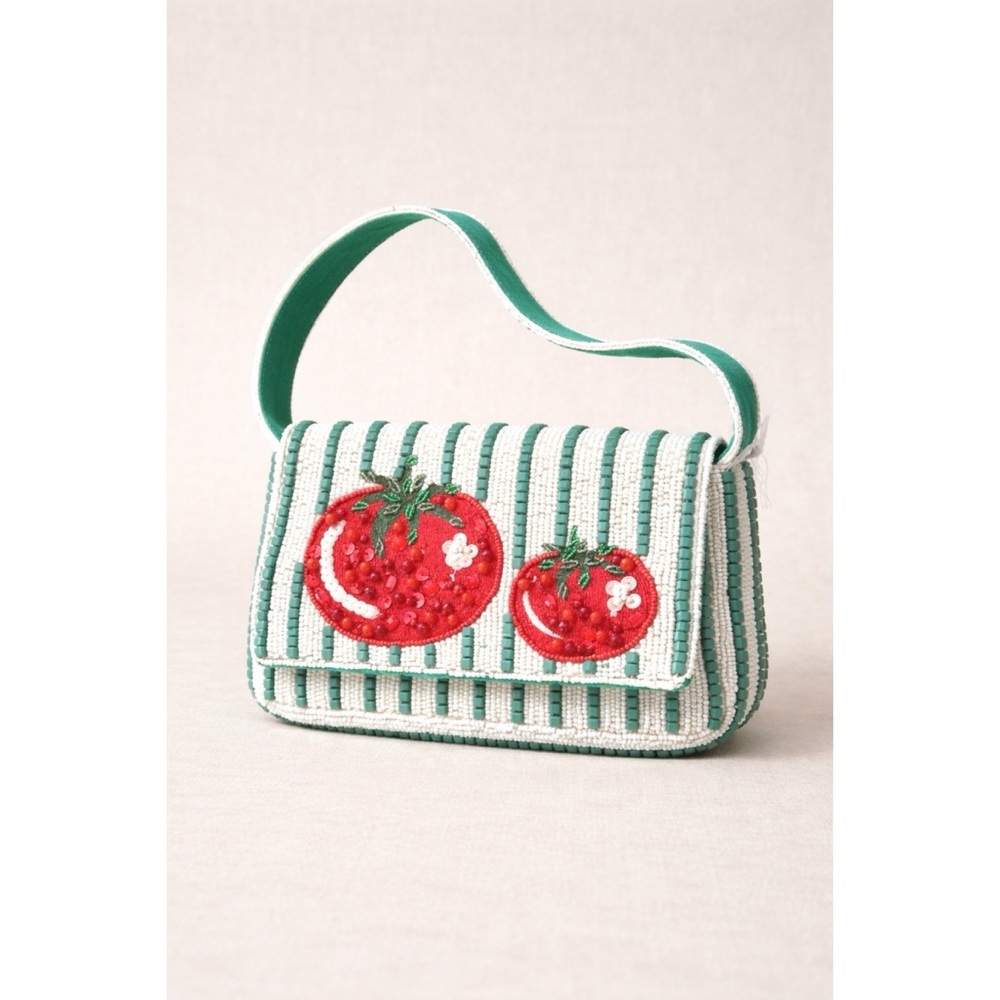 NWT Bead Appliqué Heirloom Tomato Girl Summer Green & White Striped Shoulder Bag - Picture 13 of 13